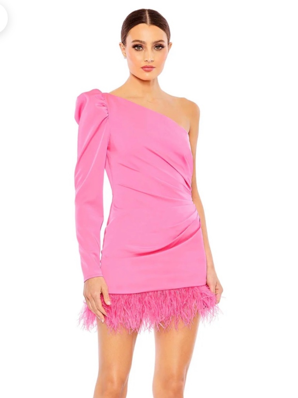 Mac Duggal One-Shoulder Pink Feather-Hem Cocktail Dress